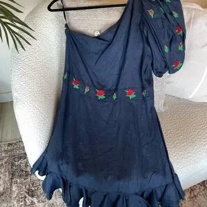 Fanm Mon | Dresses | Fanm Mon Dark Blue Oneshoulder Dress With Colorful  Embroidery | Poshmark